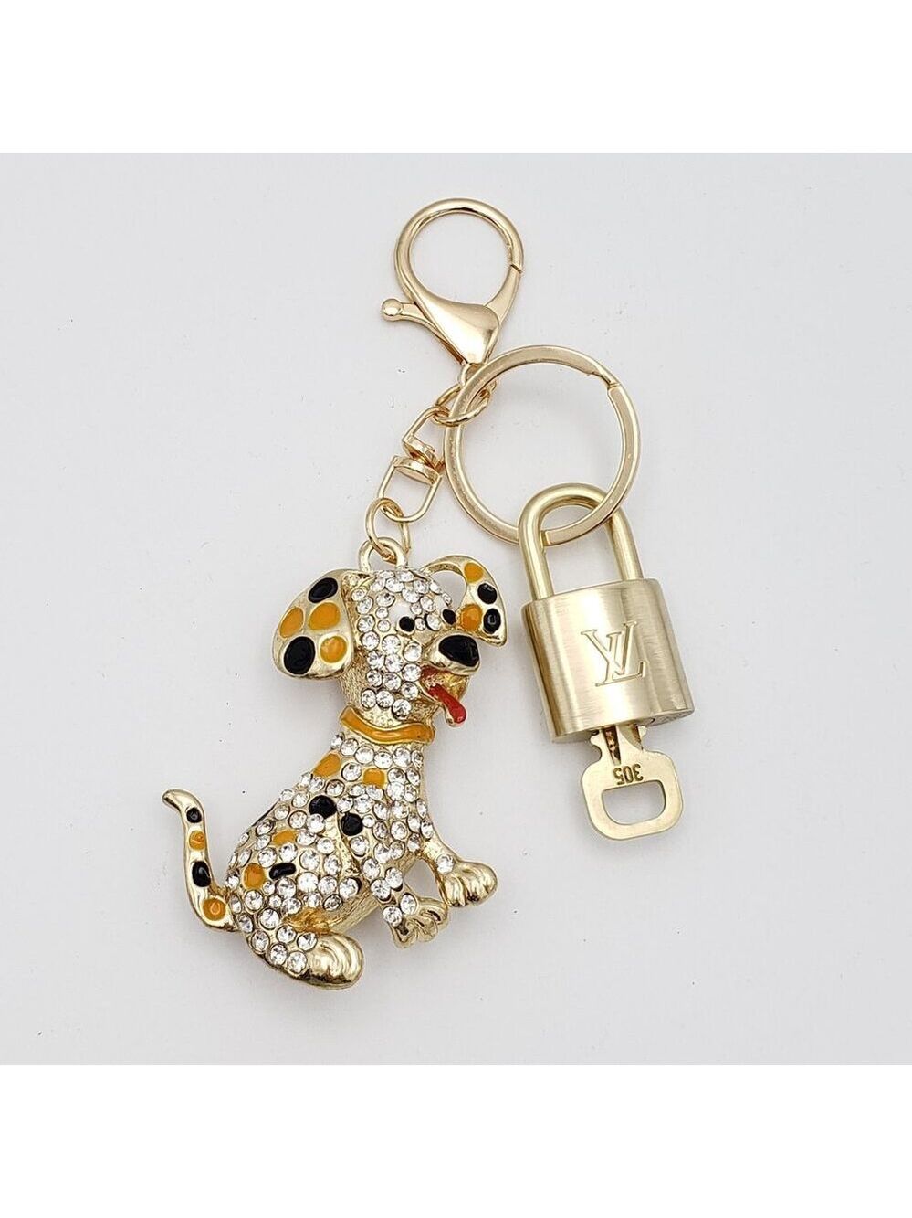 Authentic Louis Vuitton Gold Padlock & Key w/Unbranded Rhinestone Dog Keychain
